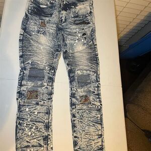 Demolition Girl’s Stonewashed‎ Biker Jeans with Patches Size M Blue